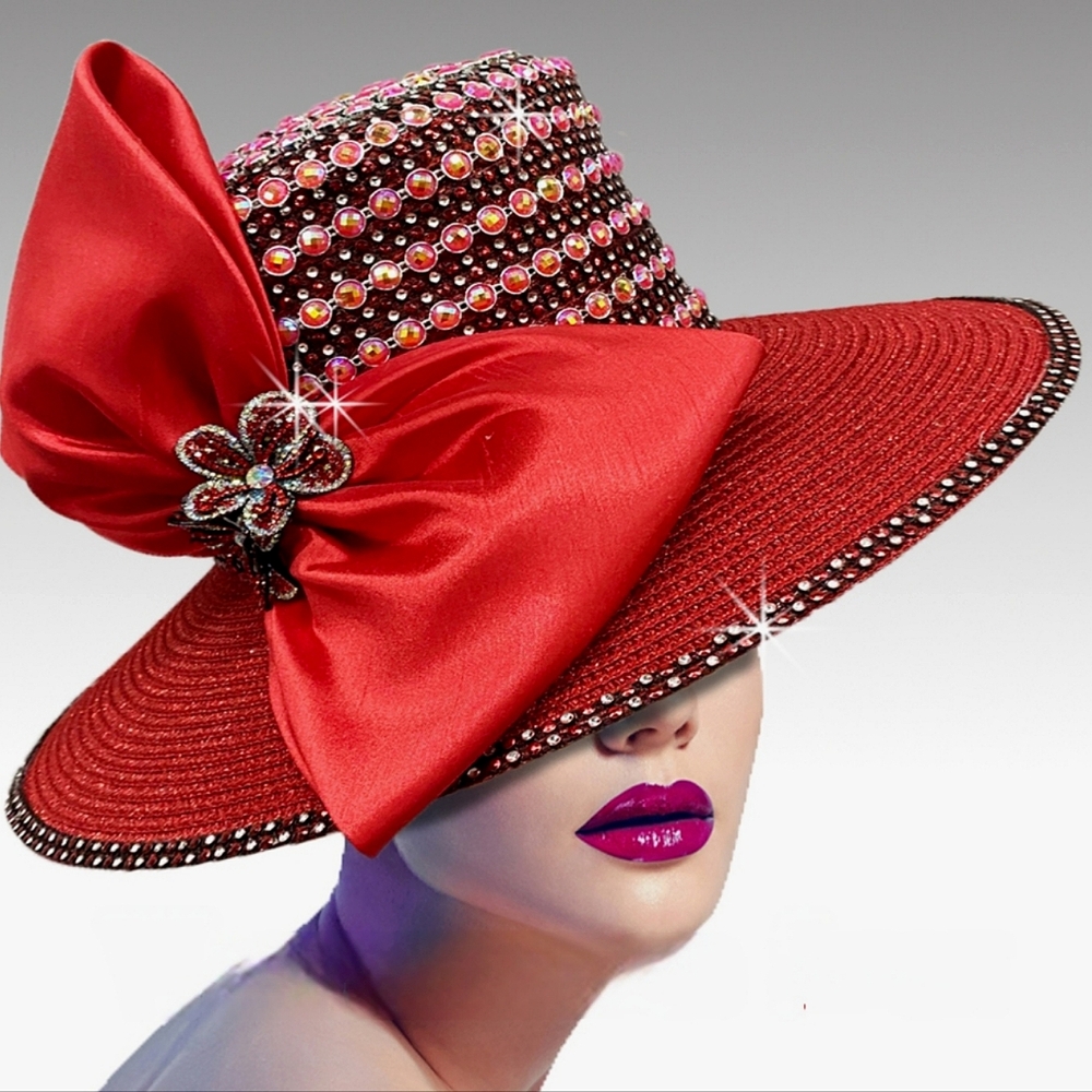 Extravagant Couture Red Jeweled Masterpiece Big Bow Hat Brooch Wide Brim